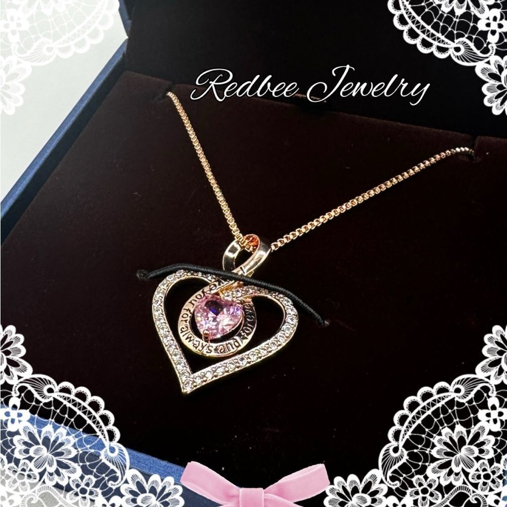 NIB Redbee 18kt GP, Rose gold over‎ s925, "Pink" CZ in heart necklace!